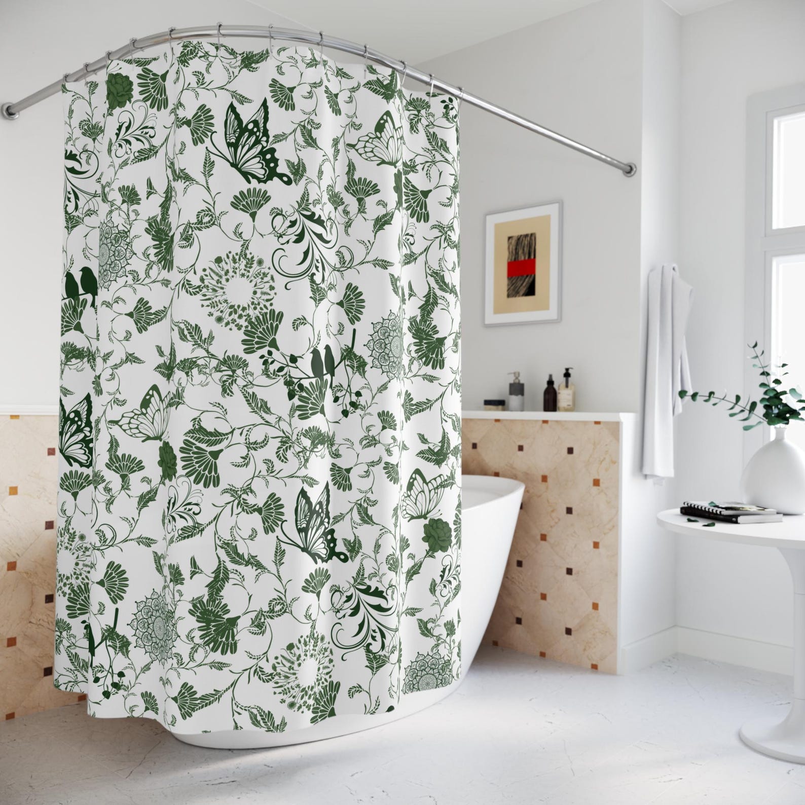 Green Toile Shower Curtain Green Bathroom Decor Cottagecore Shower
