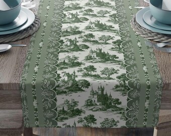 Sage Green Toile Castle Table Runner – French Country Cottage Dining Decor