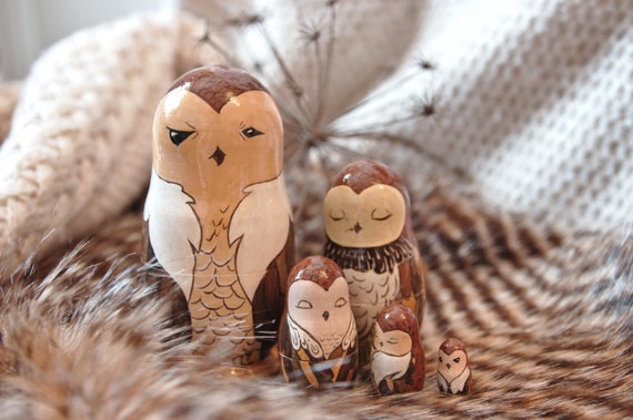 5Pcs Wooden Russian Nesting Doll Owl Bird Matryoshka Set Hand Painted Gifts
