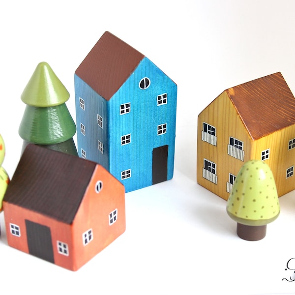 Wooden house, Set 3pcs., Wooden house figurines, Learning toys, Hand painted house, Play set, Wooden toys, Waldorf toys, Pretend play toys