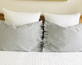 Standard pillowcases, black and white ticking stripe pillowcases, pillow covers with frill, engagement gift, beach house coastal linen