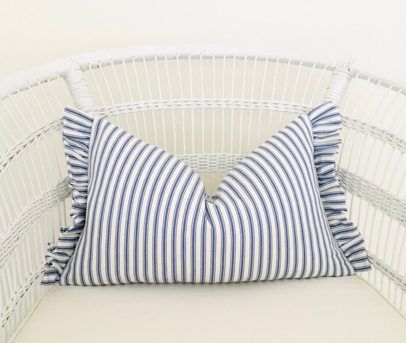 Blue ticking stripe cushion covers lumbar pillow with frill Etsy