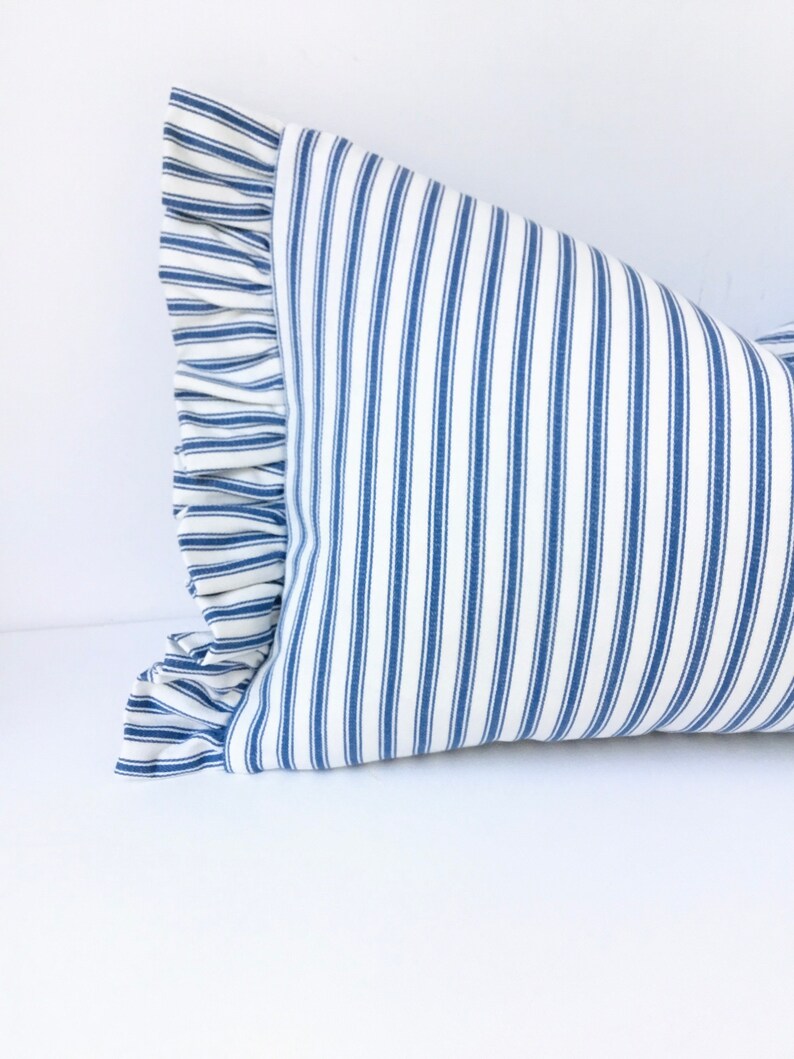 Blue ticking stripe cushion covers lumbar pillow with frill Etsy