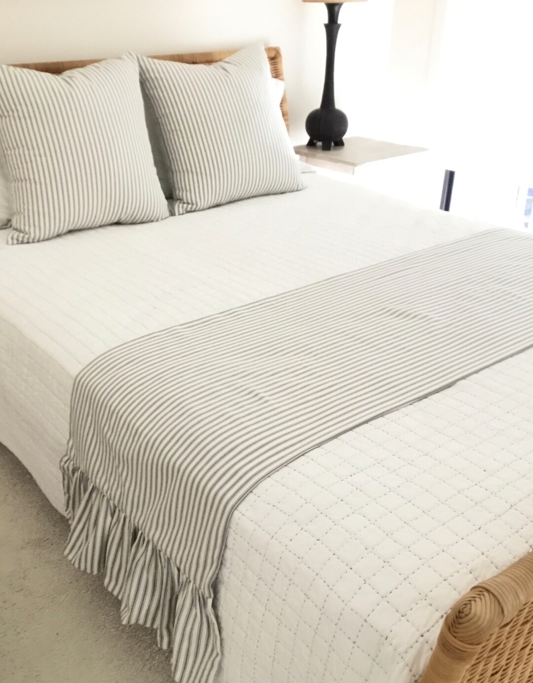 King Bed Scarf Grey Ticking Stripe Bed Runner Farmhouse Etsy