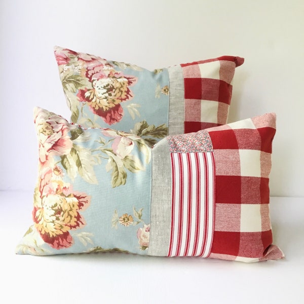 Pillow cover shabby chic, farmhouse country style cushion cover, made in Australia, patchwork cushion, floral red blue Liberty cushion
