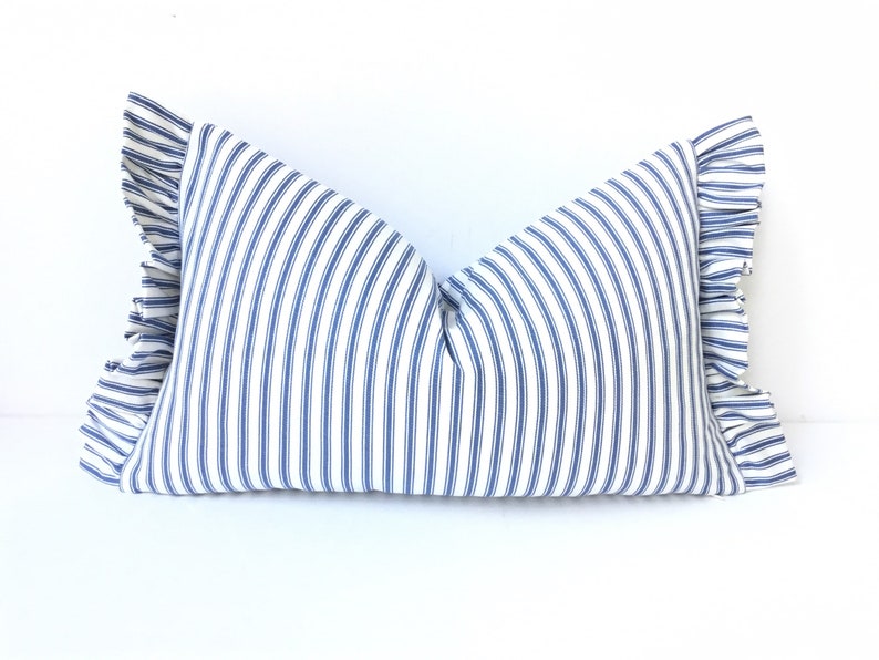 Blue ticking stripe cushion covers lumbar pillow with frill Etsy