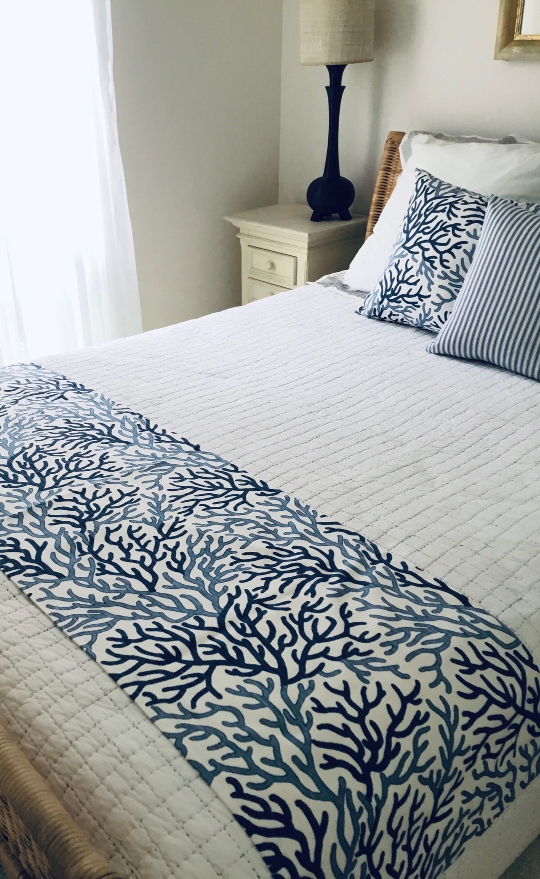 Coastal Style Bed Runner, Bed Scarf, Blue and White Bedroom Decor