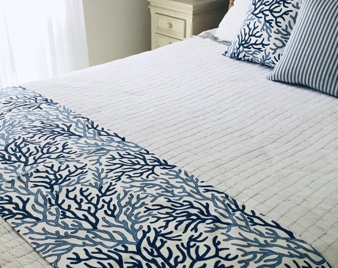 Bed Runner Coastal Style, Bed Scarf, Blue and White Bedroom Decor