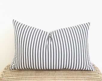 Black ticking stripe long lumbar pillow cover, Boho decor cushion cover, Farmhouse country style, Made in Australia