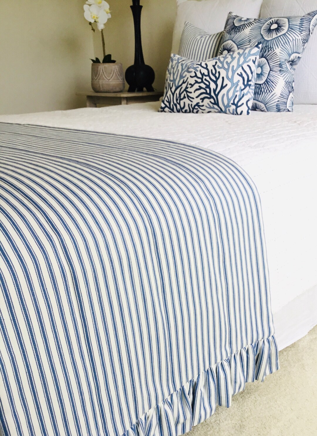 King Bed Runner Blue and White Ticking Stripe Queen Bed Etsy
