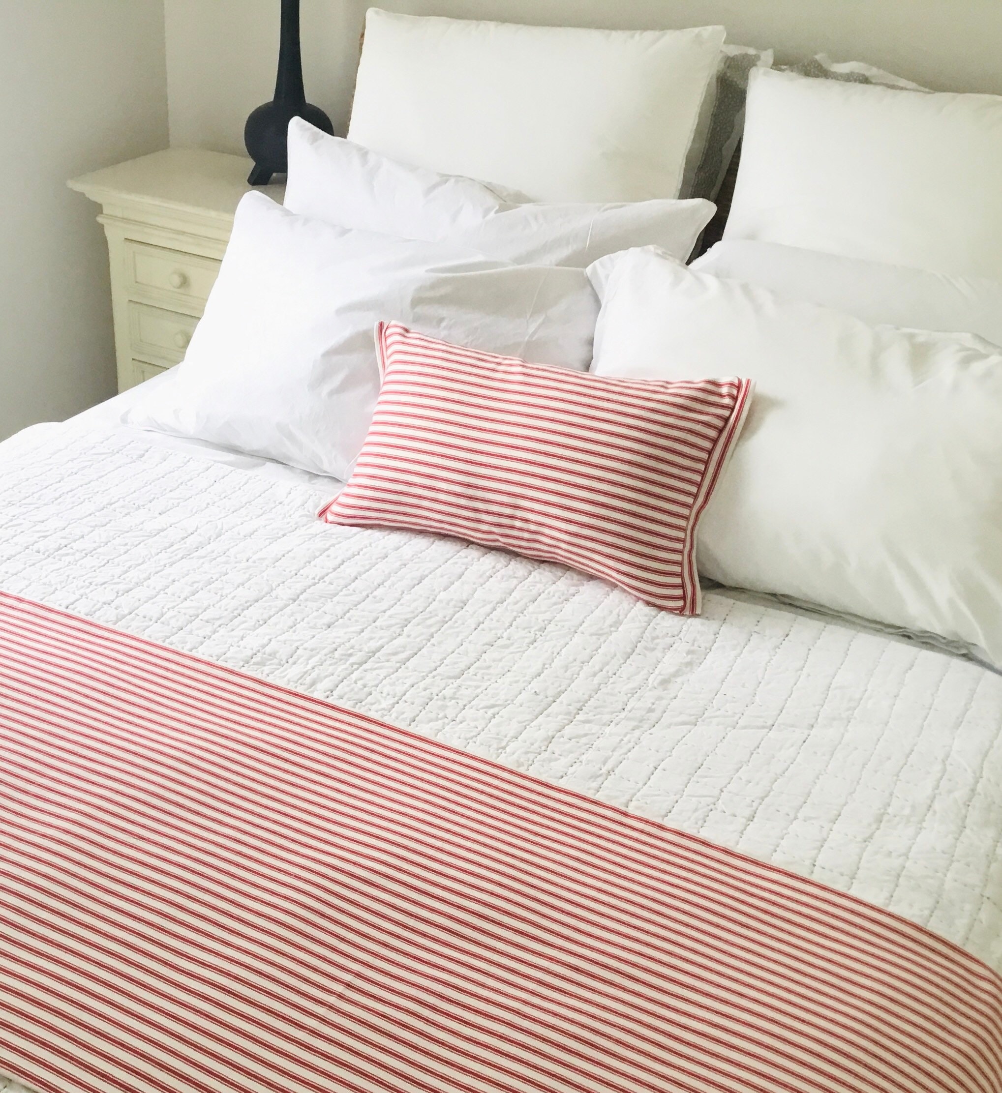 Bed Runner in Red Ticking Stripe King Size Bed Scarf Made in Etsy
