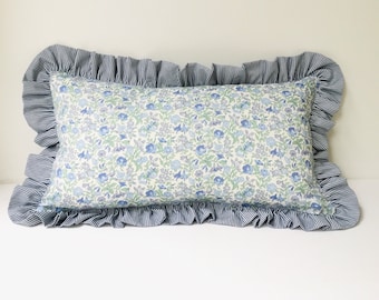 Liberty cushion with frill, blue floral pillow, nursery decor, small cushion for chair, made in Australia, lumbar pillow with ruffle