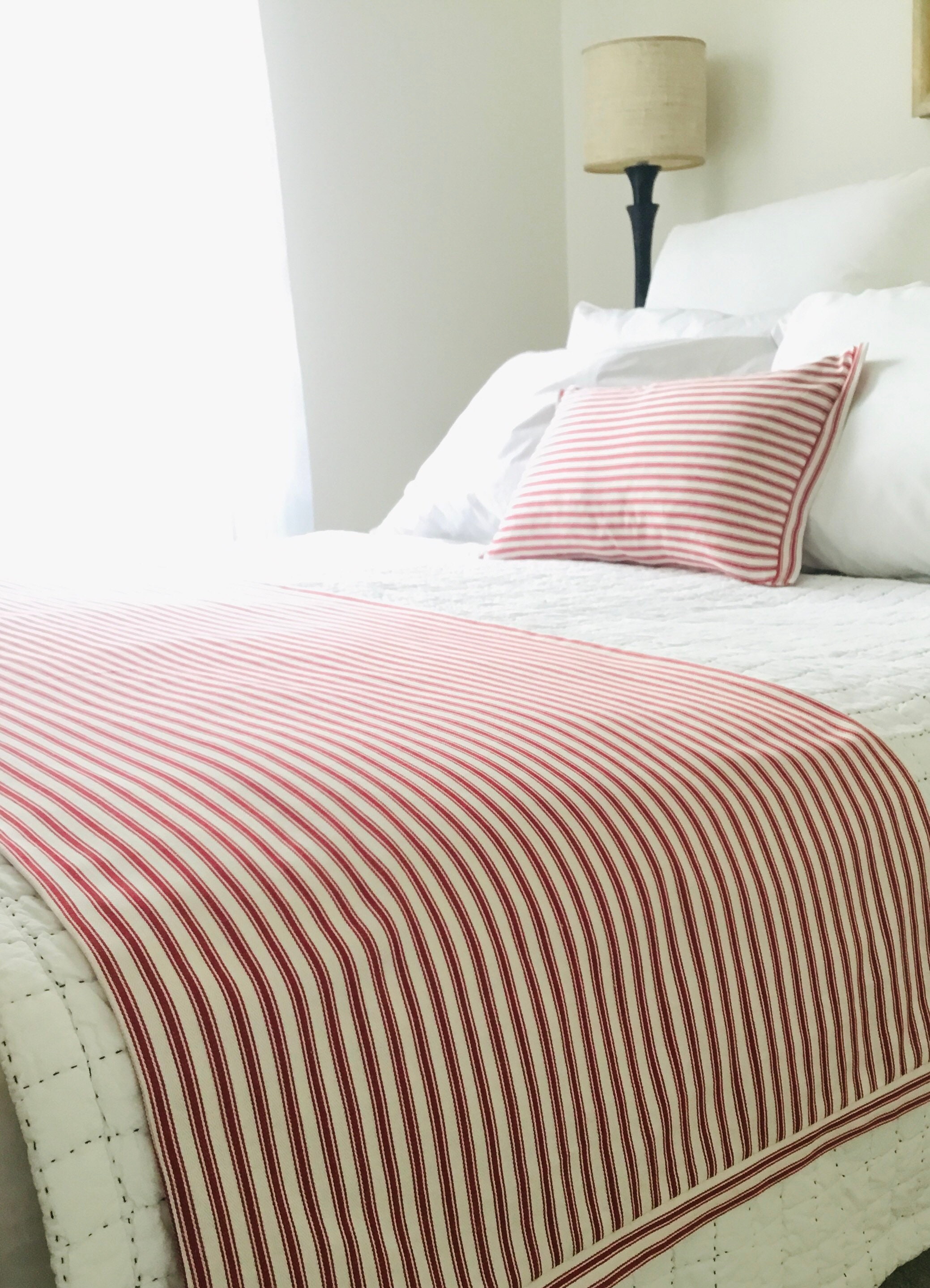 Bed Runner in Red Ticking Stripe King Size Bed Scarf Made in Etsy