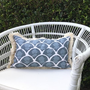 Lumbar cushion with fringe blue pillow cover boho chair cushions gift for her made in Australia bedroom pillows Hamptons coastal home decor