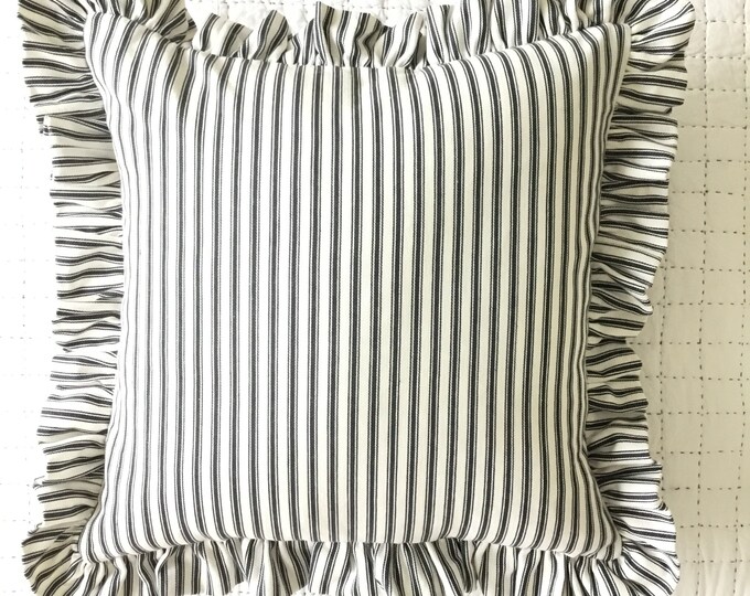 Red Stripe Ruffle Cotton Cushion With Duck Feather Insert 45x45cm, Red ...