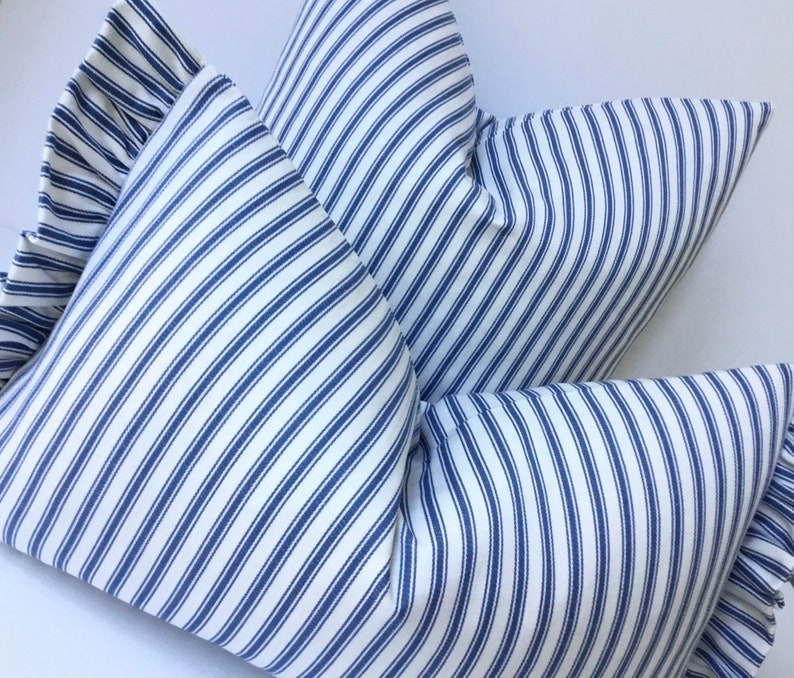 Blue ticking stripe cushion covers lumbar pillow with frill Etsy