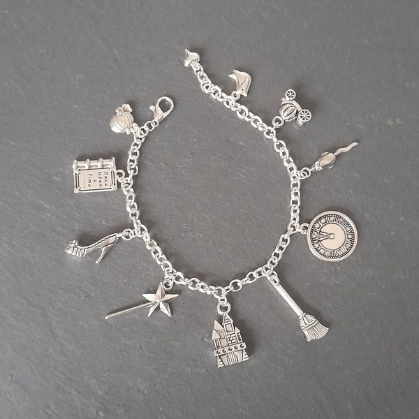 Cinderella Themed Disney Princess Inspired Charms Silver Plated Charm Bracelet Childrens and Adults Lengths Available Adjustable