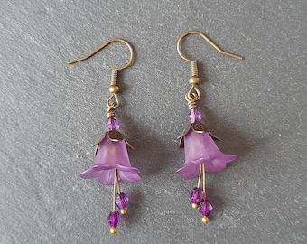 Purple Flower Earrings, Bronze Bellflower, Gothic Boho Style