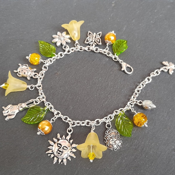 Spring Flowers Easter Charm Bracelet Silver Plated Adjustable Alternative Easter Gift Ostara Daffodils