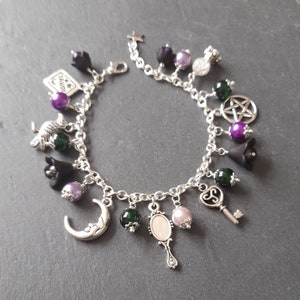Queen of the Night Silver Plated Charm Bracelet Amethyst Hematite Flowers Halloween Goddess Divination Samhain Hekate Hecate Cosplay