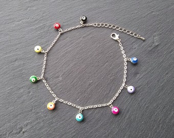 Colourful Turkish Eye Silver Plated Anklet Evil Eyes Nazar Boncugu Lucky Amulet Ankle Bracelet Talisman Protection Mati Different Sizes