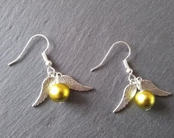 Golden Winged Ball Silver Plated Earrings Witchcraft and Wizardry Flying Wings Fantasy Movie