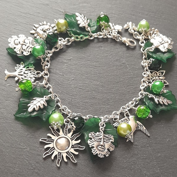 Summer Theme Green Man Pagan Charm Bracelet Silver Plated Oak Tree Greens Nature Theme Oak King