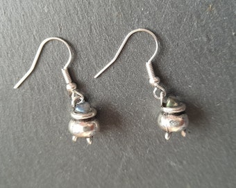 Semi Precious Gemstone Cauldron Silver Plated Earrings Healing Crystals French Style Ear Wires Crystal Cauldrons Witchcraft Witchery