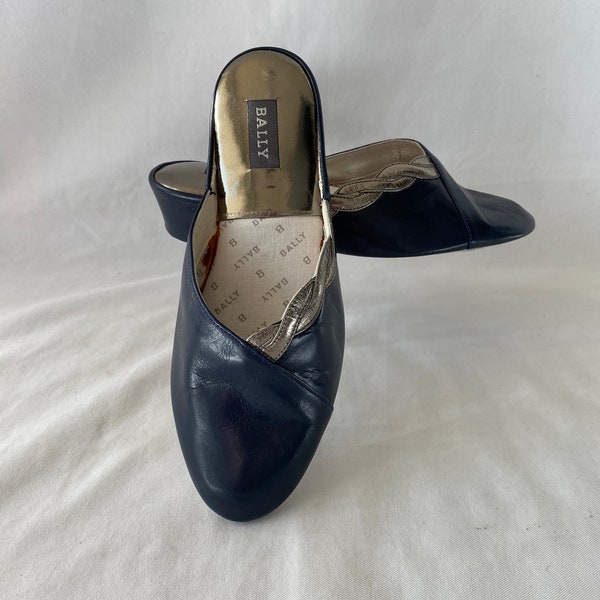 Vintage Bally navy and pewter leather slippers size 5, new in box