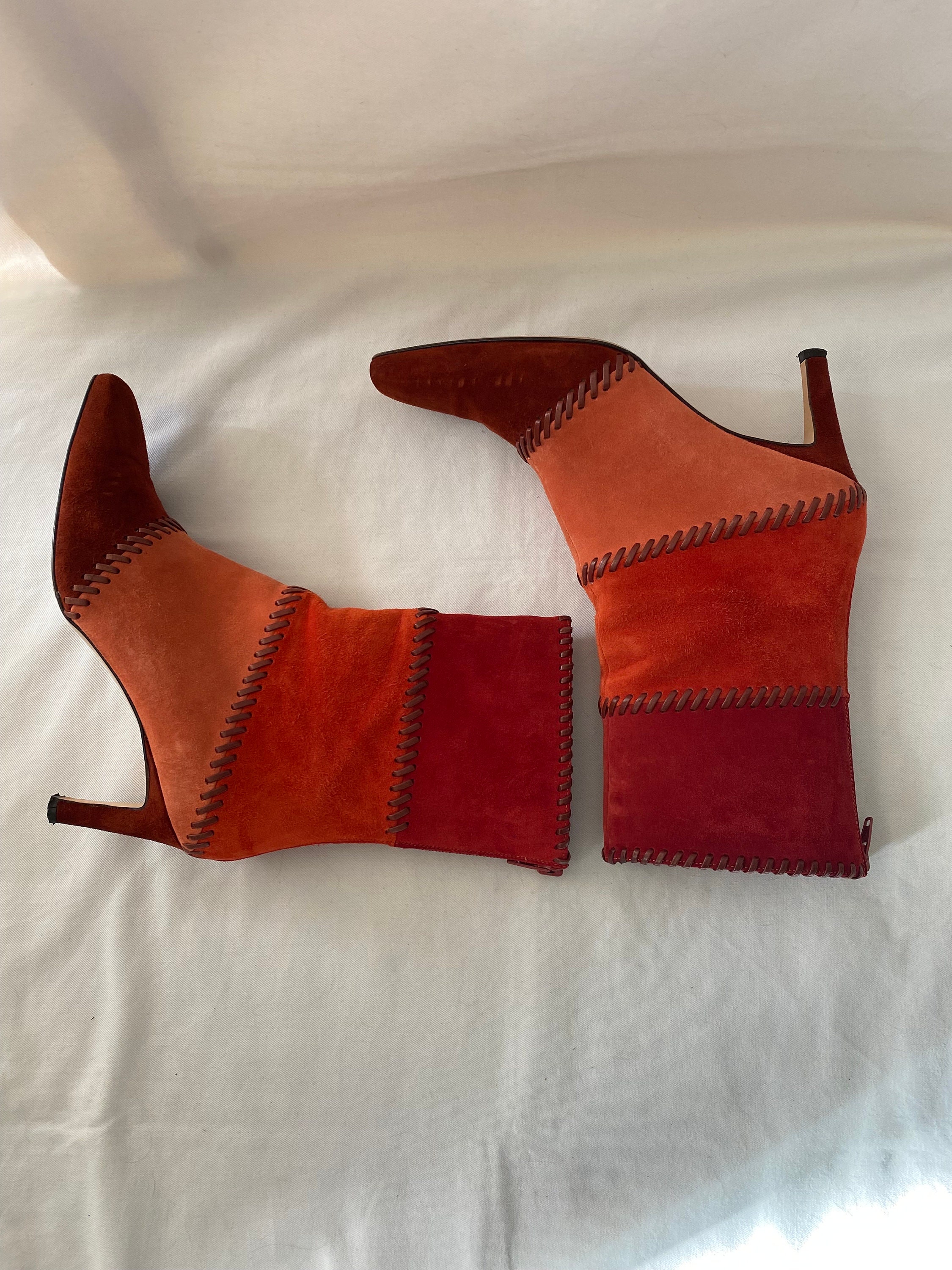 Salvatore Ferragamo Two Tone Stitched Suede Ankle Boots in Red