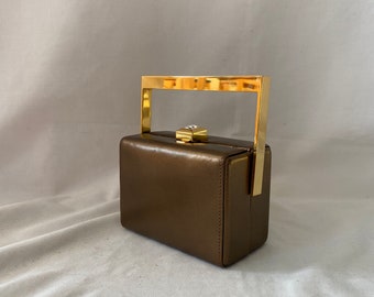 Rodo dark gold/bronze leather micro box bag with optional strap