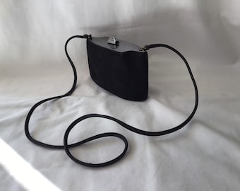 Rodo black suede asymmetrical darkish chrome topped evening shoulder bag