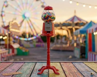 May include: A red gumball machine with a clear glass globe filled with multi-colored gumballs, featuring a metallic coin mechanism and a tall, slender pedestal base with four feet, standing upright on a weathered, multi-colored wooden surface.