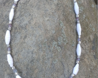 White and purple paper bead necklace