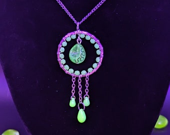 Handmade Uranium Glass Pendant: Teal Seafoam Silver Tone Necklace