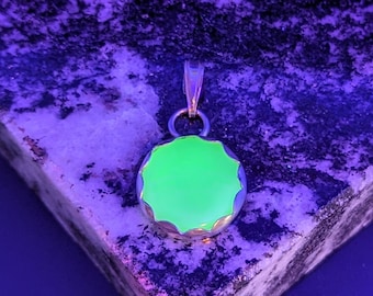 Uranium Glass Car Button Pendant: Handmade Sterling Silver UV Reactive Jewelry