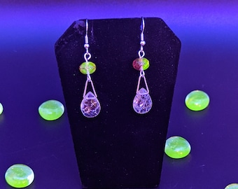 Handmade Uranium Glass Earrings: Quartz Drop, UV Reactive Jewelry