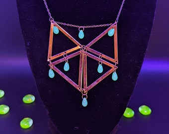 Handmade Uranium Glass Necklace: Rose Gold Geometric Statement Piece
