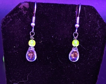 Uranium Glass & Moss Aquamarine Earrings: Handmade Wire Wrapped Jewelry