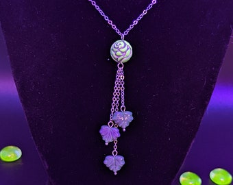 Handmade Uranium Glass Necklace: Rose & Leaves Dangle - UV Reactive