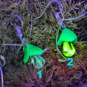 Uranium Glass Earrings - Mushrooms - Handmade - UV Reactive - Jewelry - Statement Piece - Gift Idea - Fun - Oddities - Goth - Cottage Core
