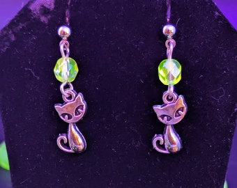 Uranium Glass Cat Earrings: Handmade UV Reactive Jewelry