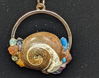 Fossil Shell Pendant Necklace: Mixed Crystals, Rose Gold Chain