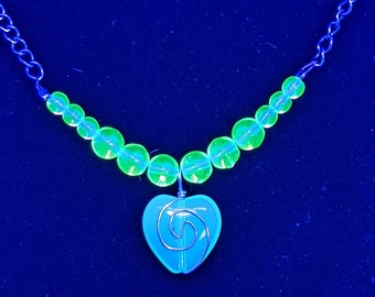 Handmade Uranium Glass Necklace: UV Reactive Heart Swirl, Goth Jewelry