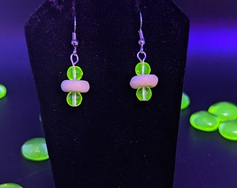Handmade Uranium Glass Dangle Earrings: Bone Bead Statement Jewelry