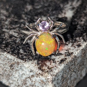 Ethiopian Opal Spider and Alexandrite Ring - Adjustable - Sterling Silver 925 - Goth - Spooky - Hand Cut - Alternative - Gift Idea - Jewelry