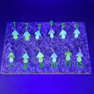 Handmade Uranium Glass Mushroom Earrings: UV Reactive Goth Jewelry - Original Artist