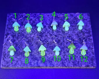 Handmade Uranium Glass Mushroom Earrings: UV Reactive Goth Jewelry - Original Artist