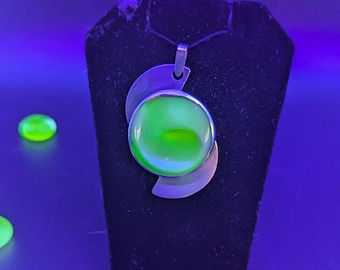 Handmade Uranium Glass Pendant: Sterling Silver, Antique Button, UV Reactive
