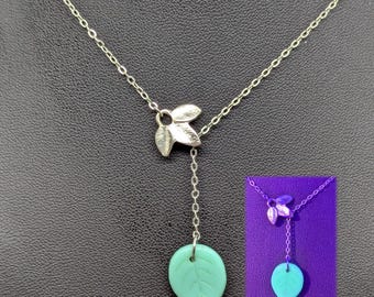 Uranium Glass Necklace - Slider - Floral Leaves - Glowing UV Reactive Jewelry - Handmade - Dainty - Cottagecore - Simple